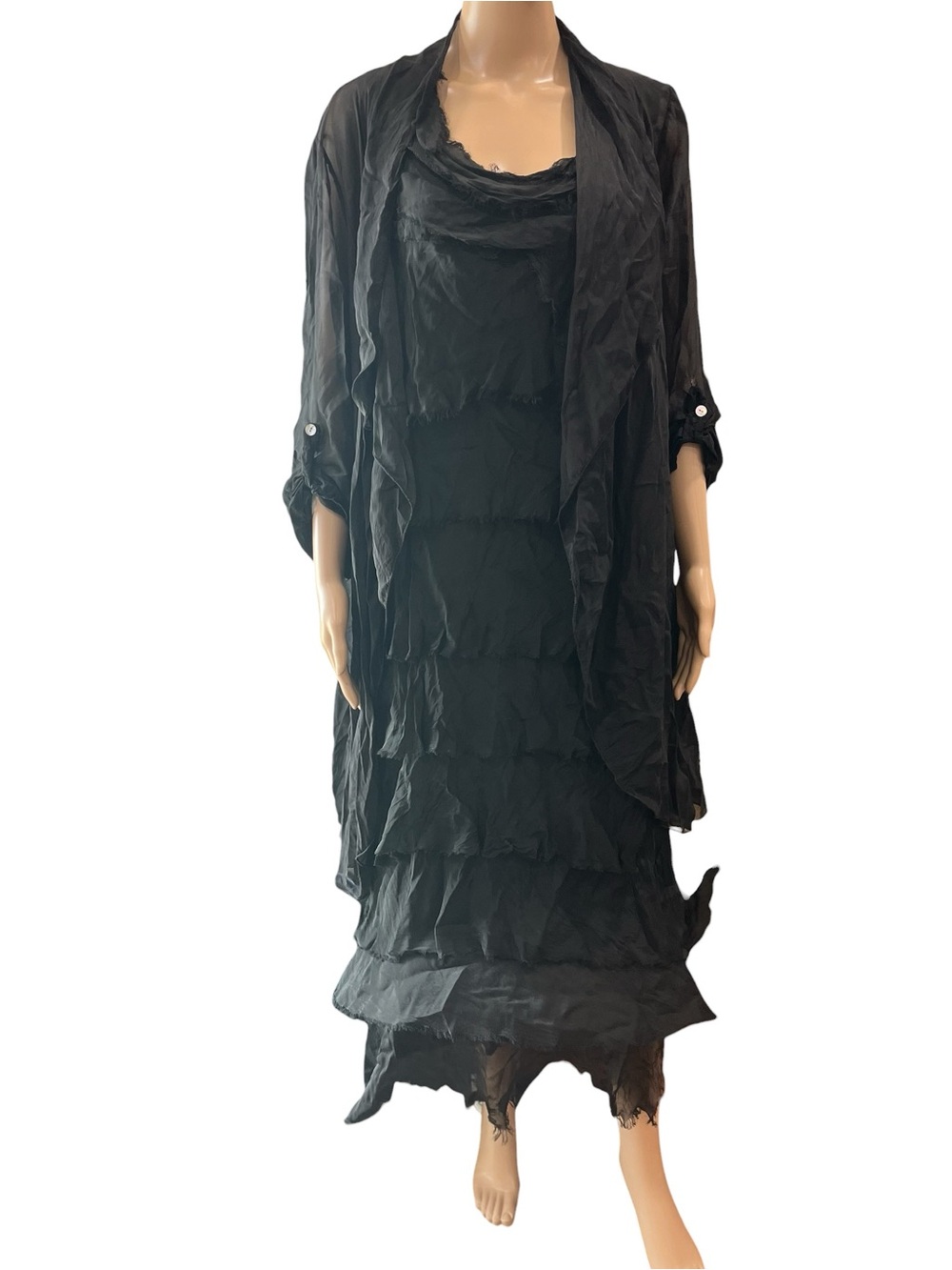 Gigi Moda Italy Siena Silk Tiered Ruffle Maxi Dress & Duster Set Black One Size - Picture 3 of 12